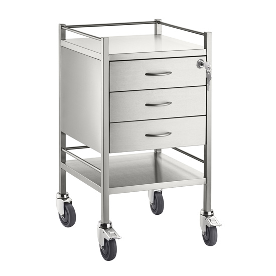 Single Stainless Steel Trolley 3 Draw With Top Locking Draw